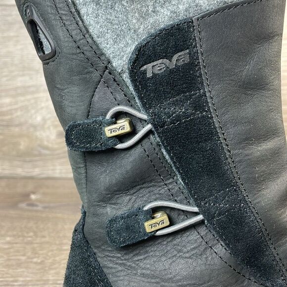 Teva Haley Waterproof Black Leather Gray Warm Women’s Sz 6 Pull On Winter Boots - Picture 12 of 13